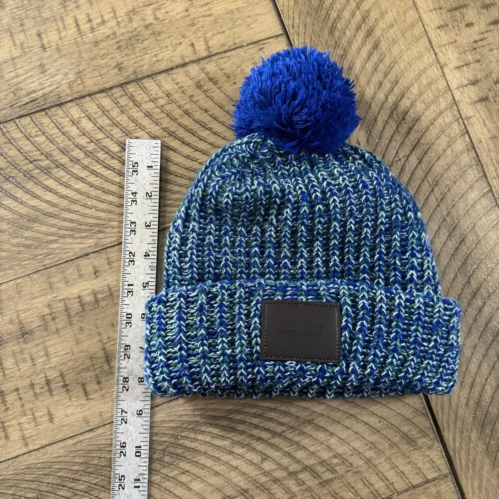 Nucor Steel Pom Beanie Blue Green Knit Cuffed Hat Acrylic
